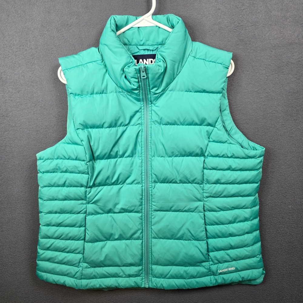 Lands End Womens XL P Petite Teal Green Puffer Vest Full Zip Sleeveless Jacket